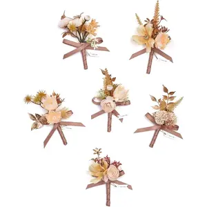 TINGE TIME Boutonniere for Men Wedding, Set of 6, Beige Artificial Groom Boutineer for Wedding Ceremony Anniversary, Formal Dinner Homecoming and Prom