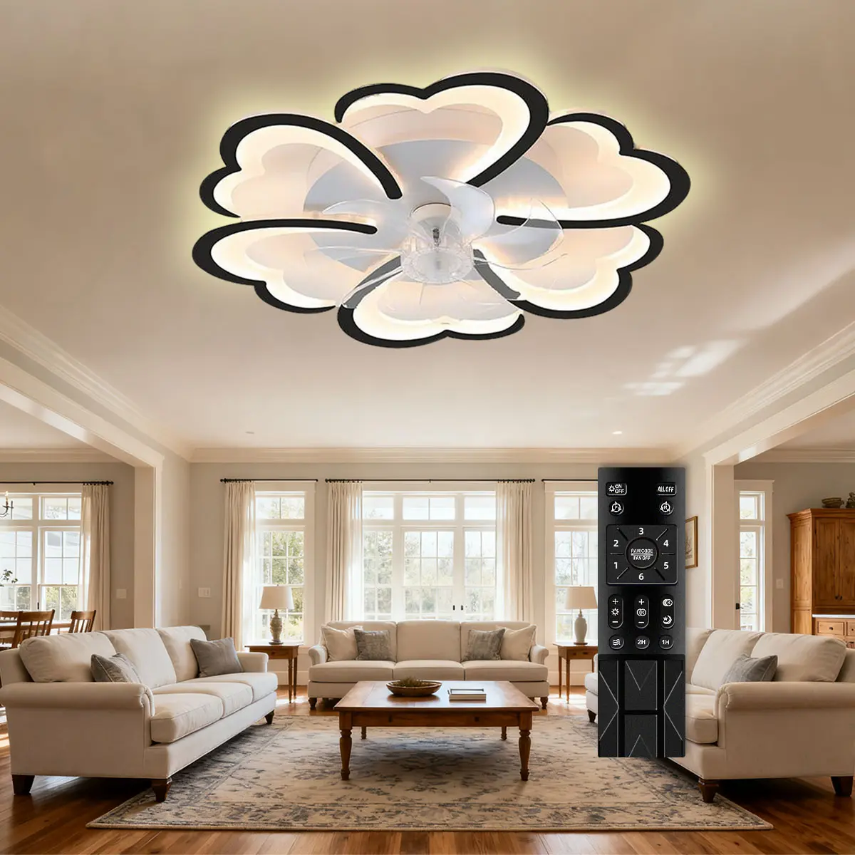 Flower Ceiling Fans with Lights with Remote & Smart APP Control, 27 Inch Modern Low Profile Flush Mount Ceiling Fan, Dimmable LED Ceiling Light Fixture, Small Ceiling Fans for Bedroom, Kitchen, Indoor-Black