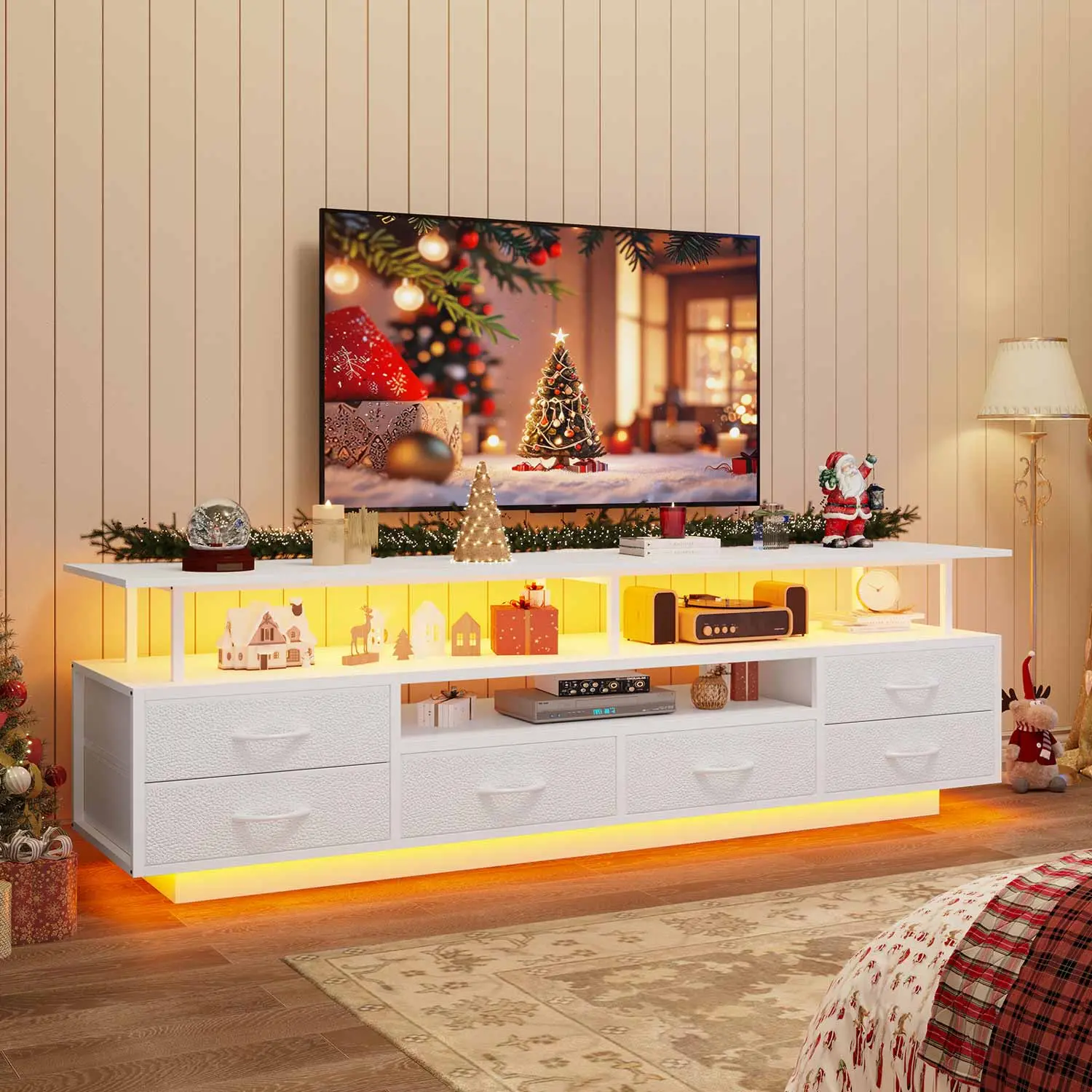 SIKAIC TV Stand with LED Lights and Power Outlets White Modern Entertainment Center for 55-70 Inch TVs 6 Drawers Integrated Charging Hub Dynamic LED Illumination, Led Tv Stands, Tv Console Cabinet,dorm essentials,home decor