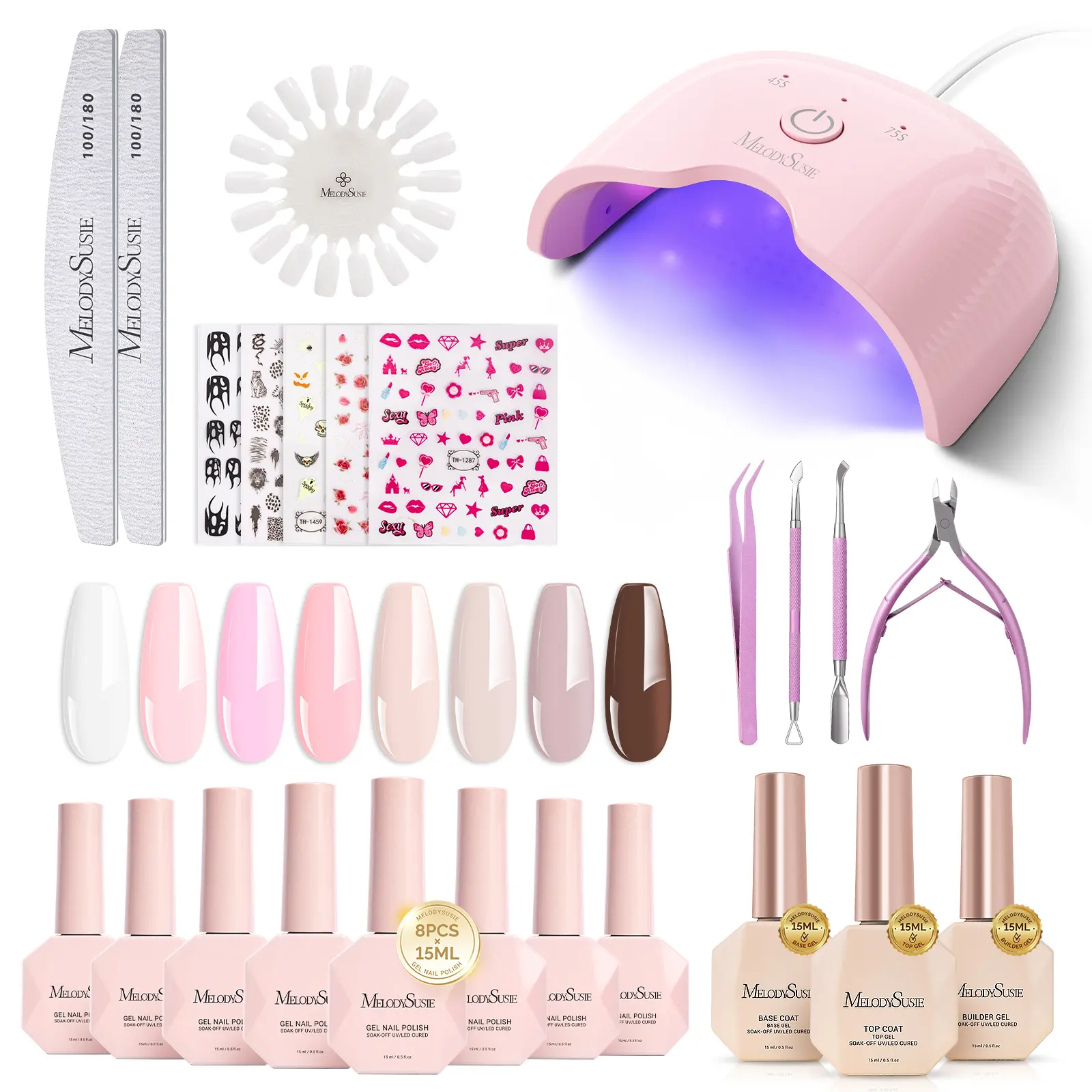 MelodySusie Gel Nail Polish Kit with UV Light P-ART06F- Popular Color Jelly Gel with Builder and Baser &Glossy Top Coat Soak Off Includes Nail Art Tools Nail Art Gift for Women & Girls Starter Kit