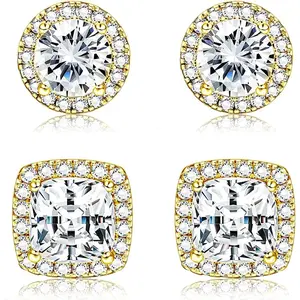 CASSIECA Unisex 2-Pair Small Artificial Zirconia Ear Studs, Hypoallergenic Gold & Silver Tone Costume Jewelry, Men's Earrings, Crystal Studded Fake Diamonds Earrings (Summervibes)