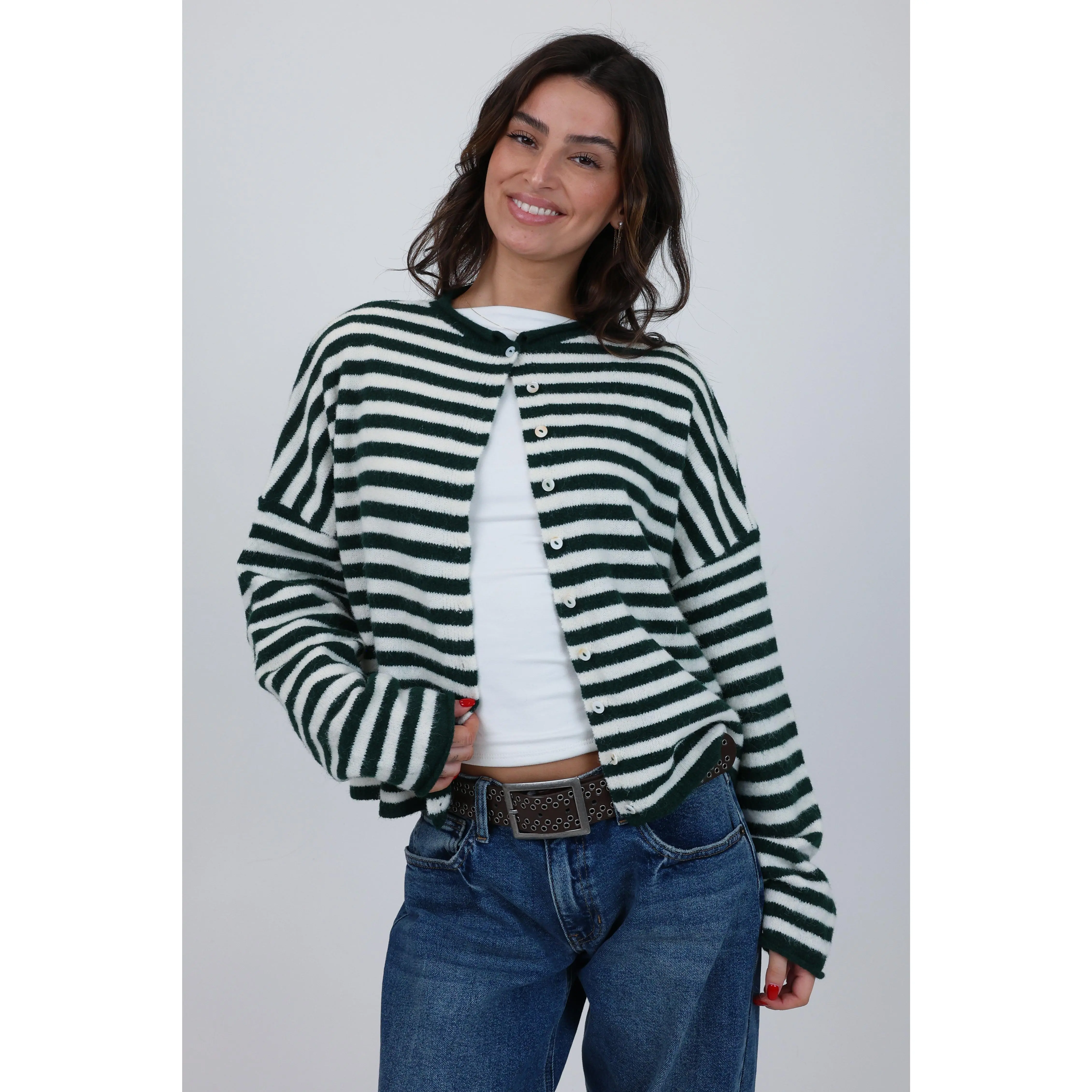 Women's Casual Striped Knitwear, Phoebe Lady's Cardigan - Green/White Stripe, Tops, Button Front, Long Sleeve
