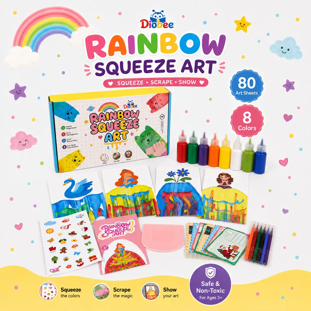 Diobee Kids' Rainbow Squeeze Art & Scratchboard Craft Kit for Ages 3+, 8-Color Squeeze Paint, 80 Postcard Art Sheets, Watercolor Pens, Stickers, Scraper Tool, DIY Drawing & Painting Supply