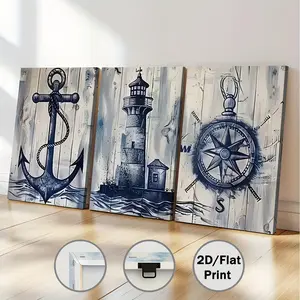 2D Flat, 3pcs 2D/Flat Print, Framed Canvas Painting And Poster, Ready to Hanging, Retro-Style Nautical Lighthouse, Anchor And Compass, Home Decor, Wall Art, Room Decoration, Holiday Gift, Living Room, Bedroom, Dining Room