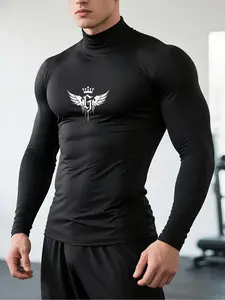 Men's High Neck Compression Shirt, Crown Wing Graphic Rash Guard, Quick Dry Moisture Wicking Athletic Base Layer, Fitted Long Sleeve Workout Shirt for Gym, Running, Daily Wear, Workout Apparel