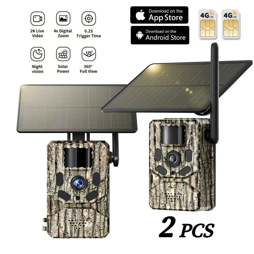 Trail Gadgets 2-Pack Wireless Cellular Cameras for Hunters - Robust, Motion Activation, 0.2s Trigger, Live Video Feed via App, Solar Recharging, Built-in Battery, Wide Angle, Night Vision, Outdoor Hunting Use (Cabins, Farms)
