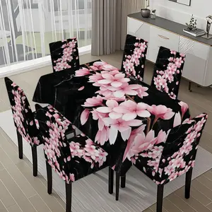 5/7-piece 2D Flat Printing Happy Spring Pink Flowers on Black Background Printing Pattern Tablecloth and Chair Cover Set, for dining table and chair decoration, perfect for home, holiday gatherings, restaurants, and parties.
