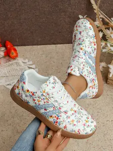 Women's Floral Print Low Top Casual Shoes, Lace Trim Striped Vintage Canvas Sneakers, Tie Strap Rubber Sole Farm Style Sports Shoes, Spring Summer Daily Wear Walking Shoes