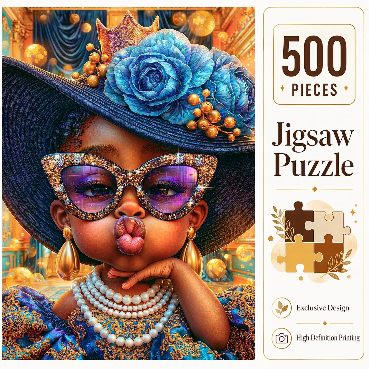 Glamour Hat Girl 500 Pieces Jigsaw Puzzle, Blue Rose Fashion Art Puzzle for Adults, Family Game for Relaxation and Stress Relief, Brain Exercise Challenge, Wall Decor, Gift for Puzzle Lovers and Seniors, 15x20.5inch(38x52cm)