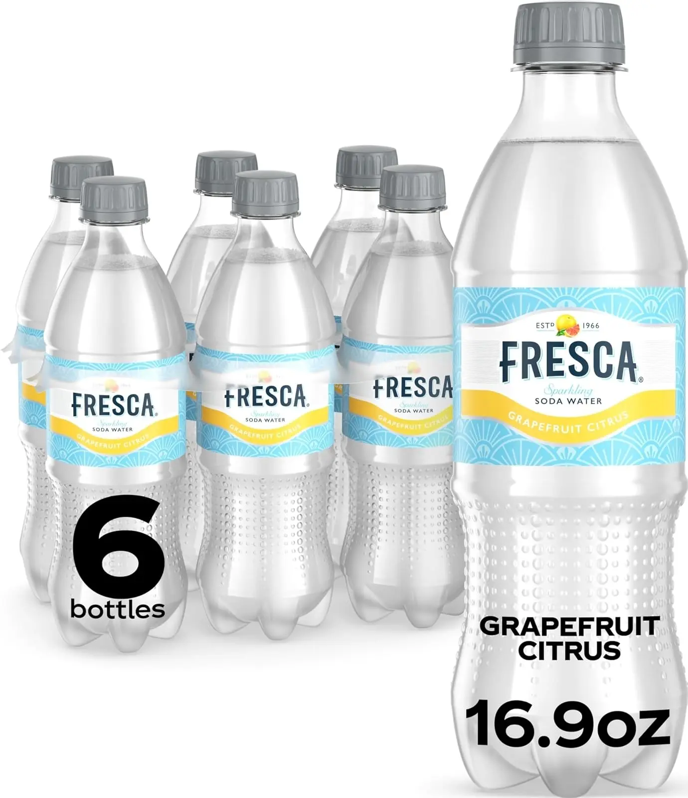 Fresca Grapefruit Citrus Soda Soft Drink Bottles, 16.9 fl oz, 6 Pack | Zero sugar, zero calories, caffeine-free, sparkling soda water