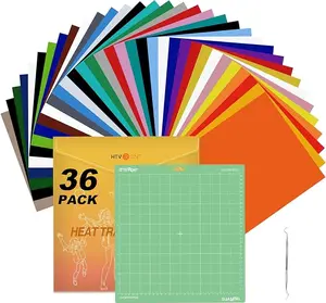 HTVRONT HTV Heat Transfer Vinyl Bundle: 36 Pack 12 x 10" Iron On Vinyl with 1 Pack Standard Grip Cutting Mat for T-Shirt, 25pcs Assorted Colors HTV Vinyl with Tweezer