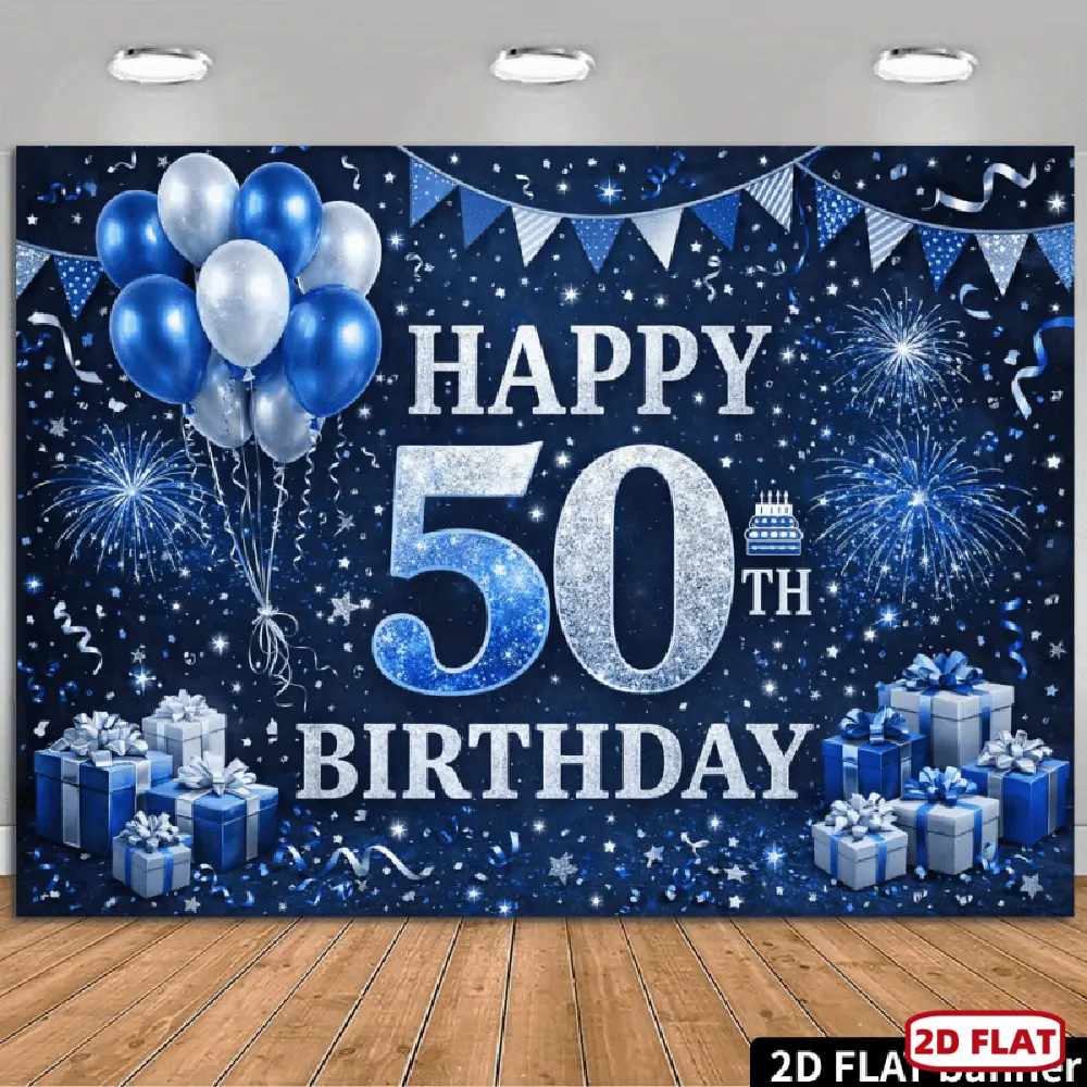 1pc 2D Flat banner Blue and Silvery Birthday Celebration Backdrop, Featuring a "50" Sequin Number, "HAPPY BIRTHDAY" Text, a Stack of Blue and Silvery Balloons, a Cake, and Pennant Flags, on a Dark Blue Grad