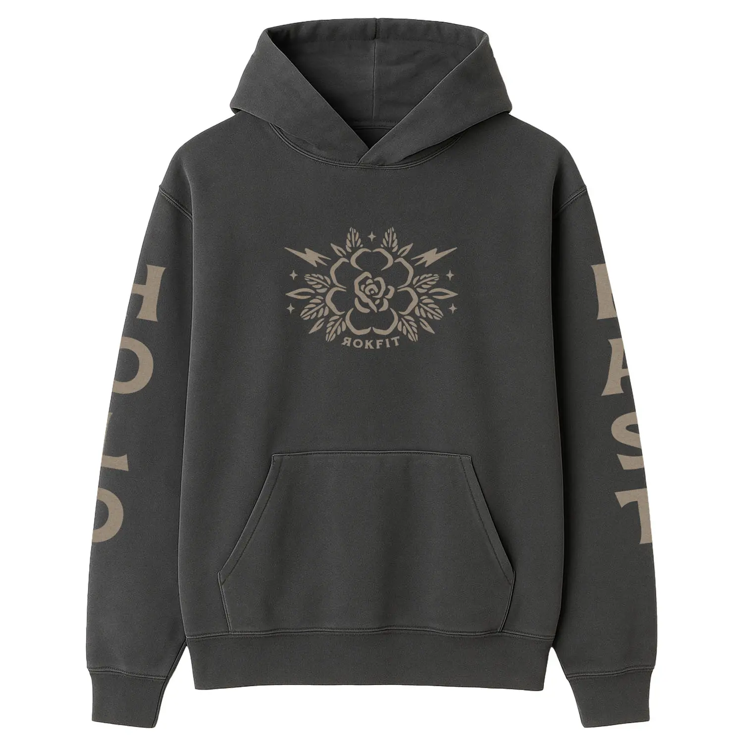RokFit 'Focus Over Fear' Pullover Hoodie - Oversized Charcoal Grey Fleece with Kangaroo Pocket & Ribbed Cuffs