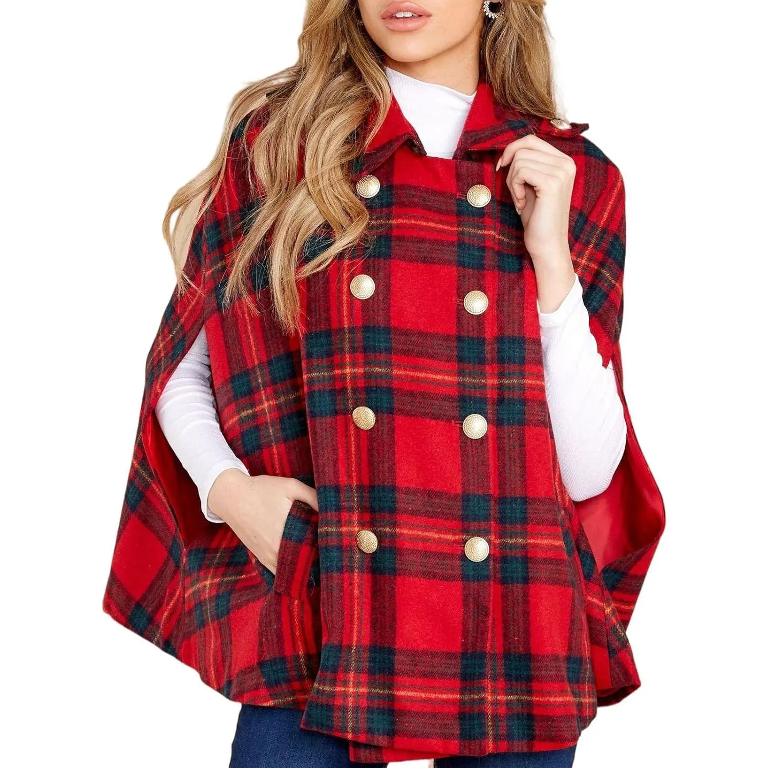 PiePieBuy Women's Plaid Shawl Poncho, Double-Breasted Winter Coat with Long Sleeves, Turn-Down Collar and Pockets, Shawls, Longsleeves, Buttons, Plaid Fabric, Checkered, Collared Neck, Tops, Ponchos, Lady, Loose, Cape, Cardigan, Jackets