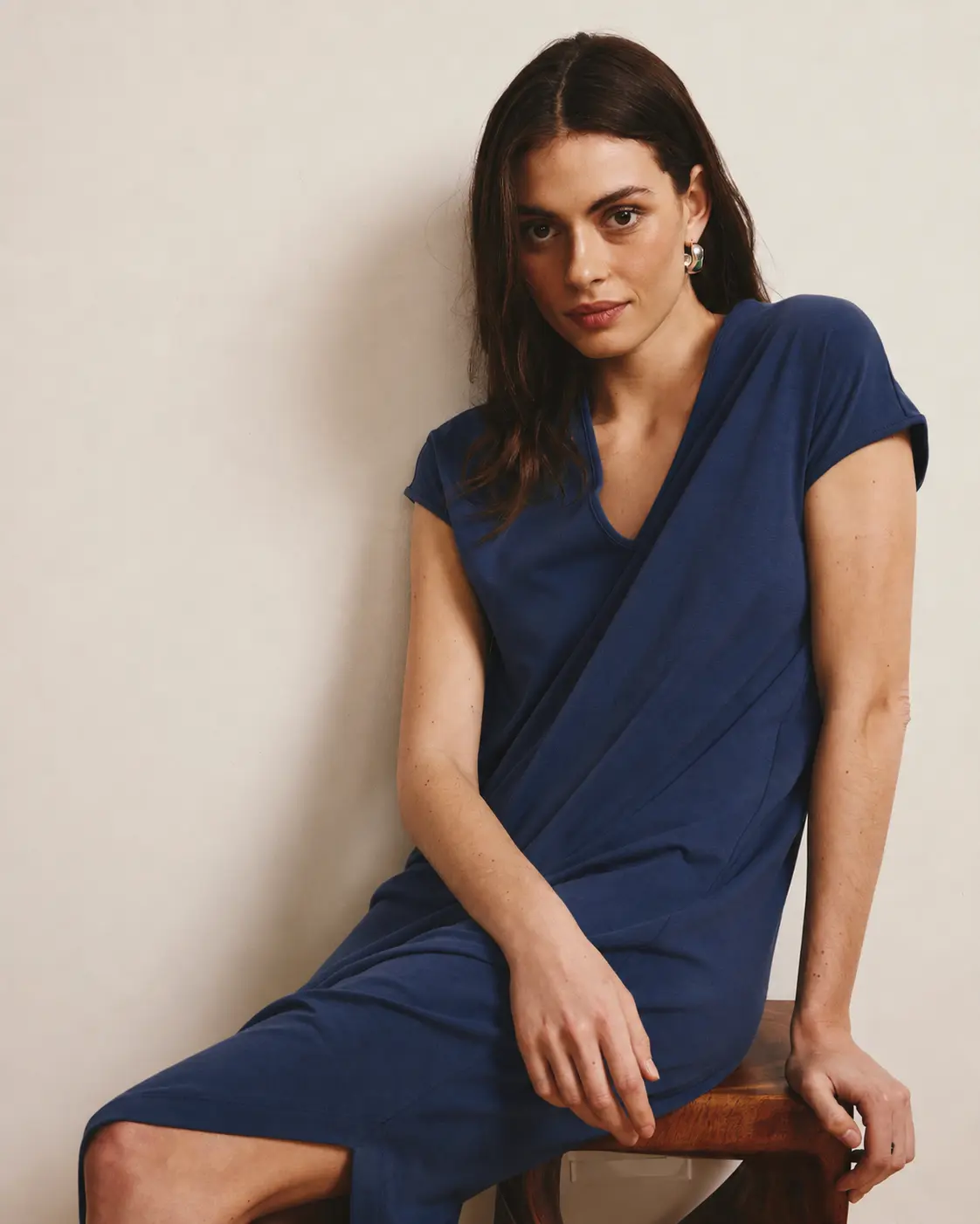 Geneva V-Neck Dress for Women, Pilling-Resistant Peruvian Cotton Blend Basic Piece for Casual Wear - Midnight