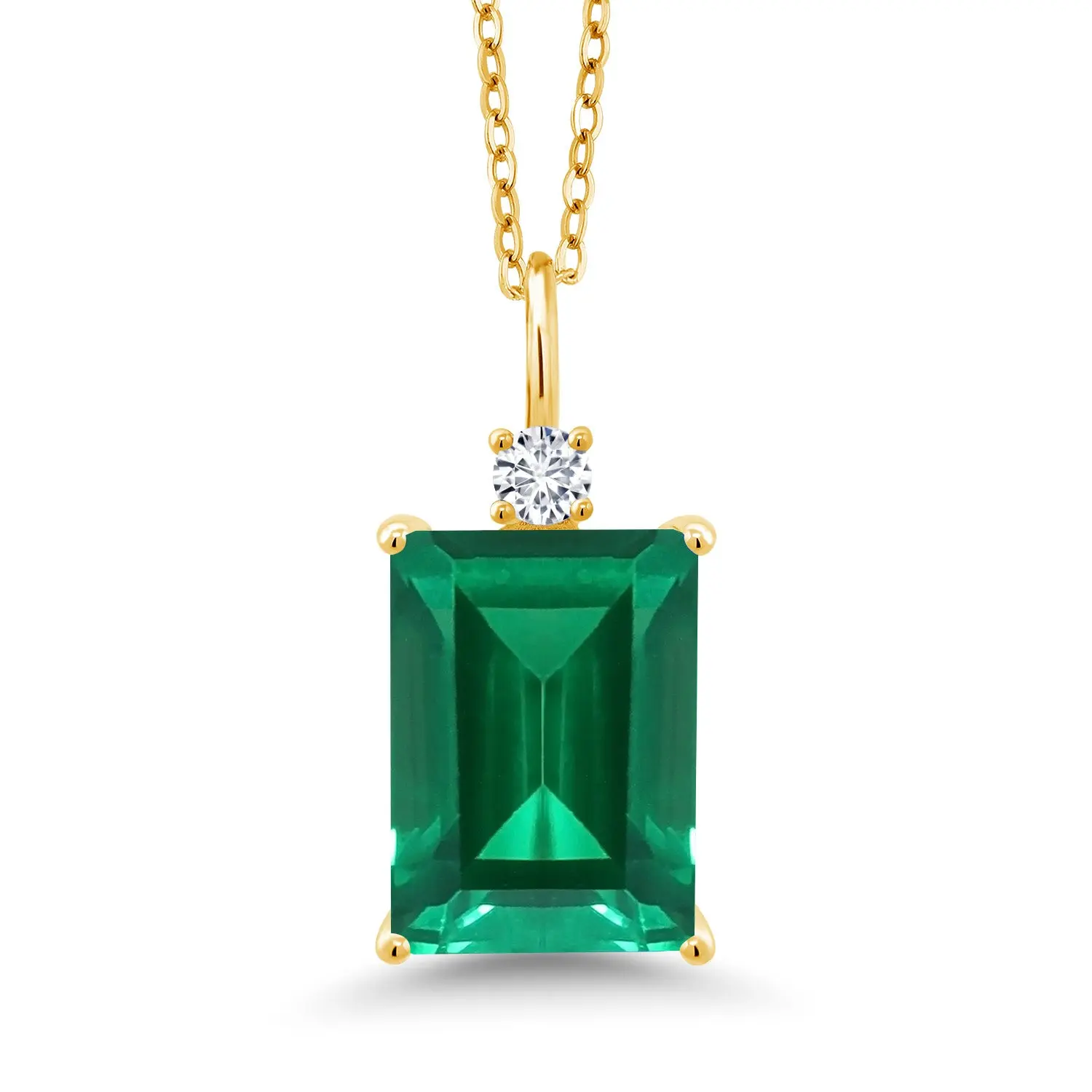 Gem Stone King 6.60 Cttw Green Nano Emerald and White Lab Grown Diamond Pendant Necklace for Women | 18K Yellow Gold Plated Silver | With 18 Inch Chain