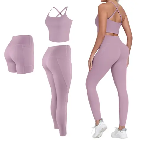 【LOCAL SHIPPING】 NEW 2/3 Piece Workout Set S-2XL - Longline Sports Bra + Side Pockets Leggings/Shorts – Women’s Yoga Outfit Activewear for Gym Running Training Lightweight Compression Sportswear