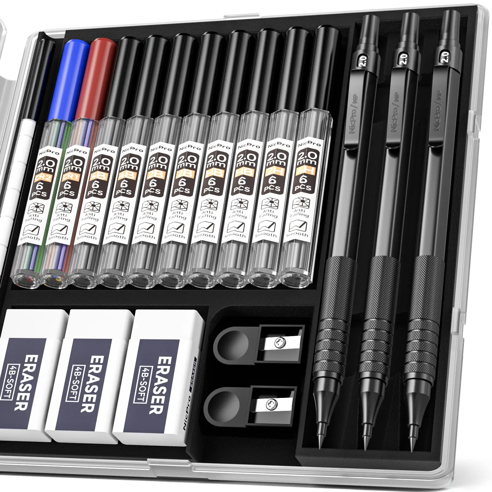 Nicpro 2.0 Compact Full-Metal Body Black Mechanical Pencil Set with Case - 3-Pack 2mm Drafting Holders, HB/2H/4H/2B/4B Graphite Refills, Colored Refills, Sharpeners, Erasers for Students, Artists (Writing, Drawing), Compact Metal Pencils, Full-Metal Body
