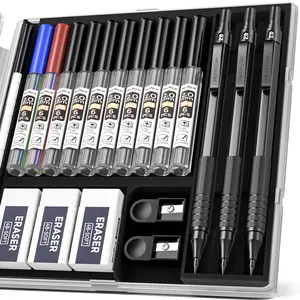 Nicpro Black Metal 2.0 Mechanical Pencil Set with Case, 3 Pack Drafting Lead Holder with 2mm Graphite Lead Refill (HB 2H 4H 2B 4B) & Colors, Sharpeners, Erasers for Artist Writing, Drawing, Sketching