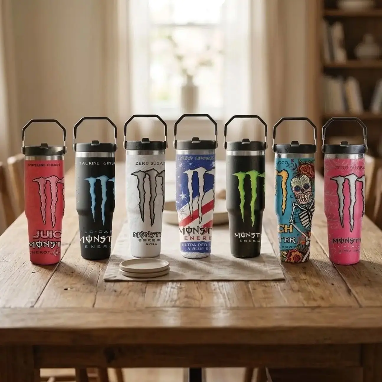 Energy Full Color Drink Inspired Stainless Steel Tumbler with Handle, 40oz/30oz 20oz Insulated Travel Mug with Straw, Double-Wall Vacuum Water Bottle