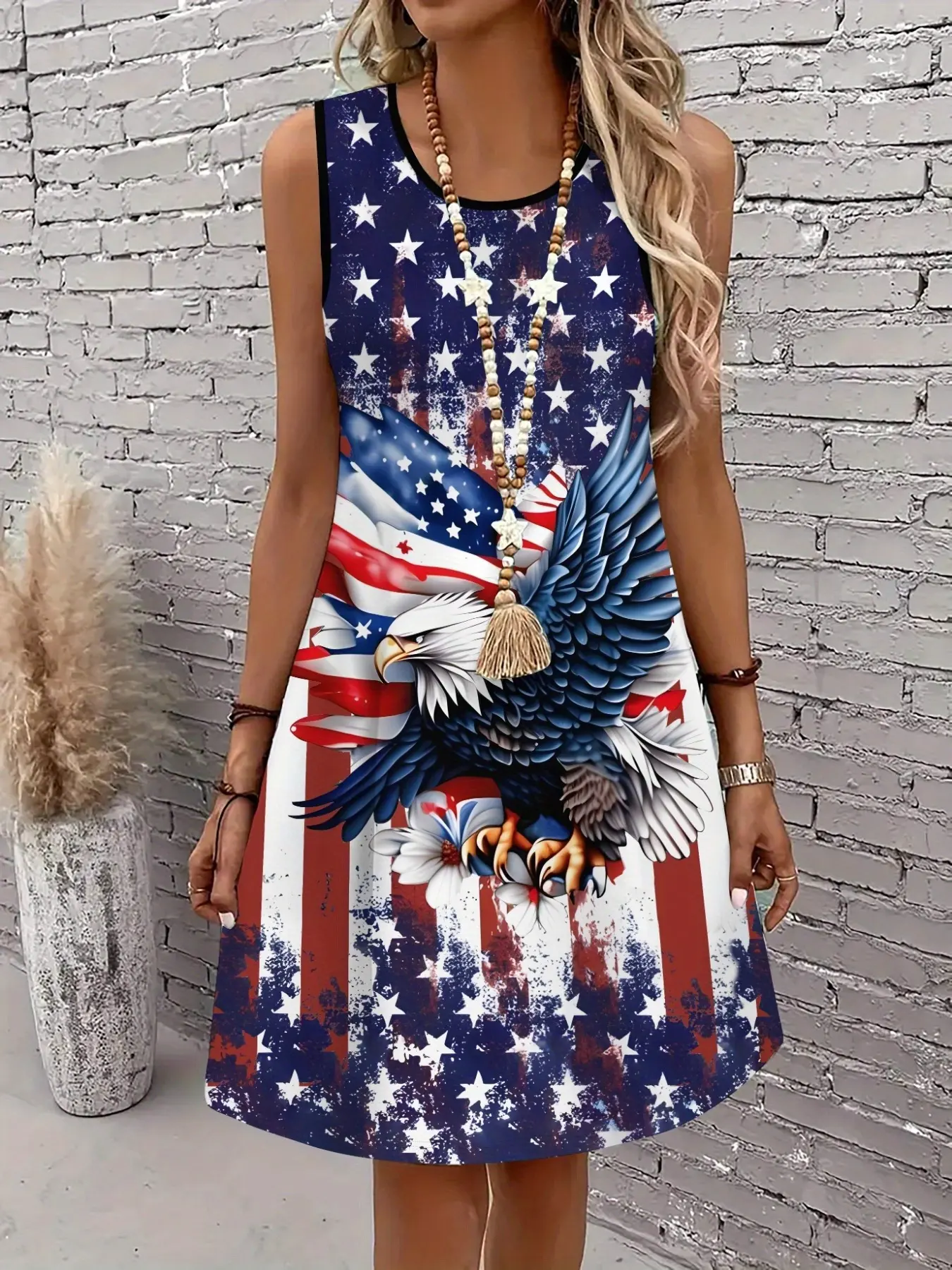 Women's sleeveless A-line dress featuring a U.S. flag print, perfect for celebrating Independence Day, Chic, Elegant, Summer, Casual Wear, Fit, Fashion Sundress