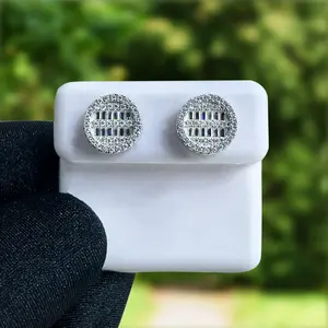 Round S925 Silver Stud Earring with Moissanite Baguette and Round Stones