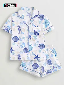 Women's All Over Sea Creature Print Short Sleeve Pajama Two-Piece Set,  Ladies Sleepwear for All Seasons