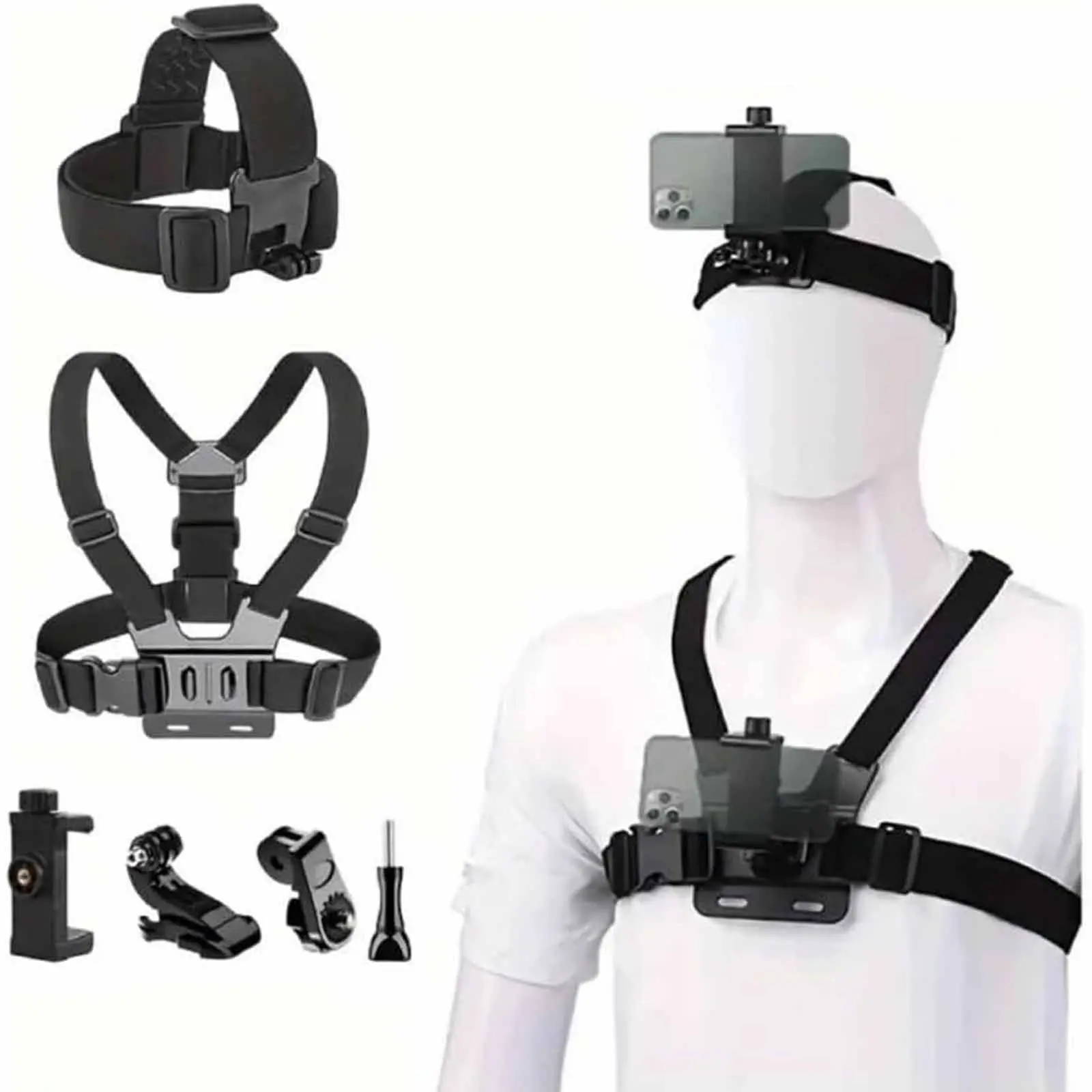 Unisex 6Pcs 22cm Mobile Phone Chest Mount Harness Strap Holder, Cellphone Clip Accessories for Smartphone Action Camera POV, Compatible with Samsung, iPhone Plus, Adjustable Size, Biking Skiing, Fits Large Jackets, Anti-Shake Grip