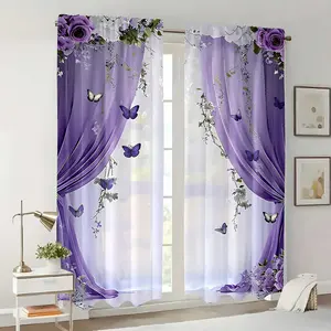 2-piece set of semi transparent sheer printed curtains with purple floral butterfly flying print, made of 100% polyester material, hanging and firm, suitable for living room, bedroom, and home decoration, hand washable, hook free