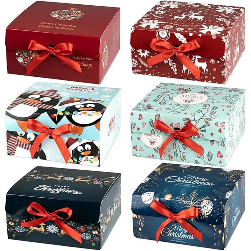 Christmas Gift Boxes with Lids, 6 Pack Gift Boxesand Red Ribbon Christmas Themed Pattern Small Gift Boxes for Christmas Presents Gifts Easy Assemble