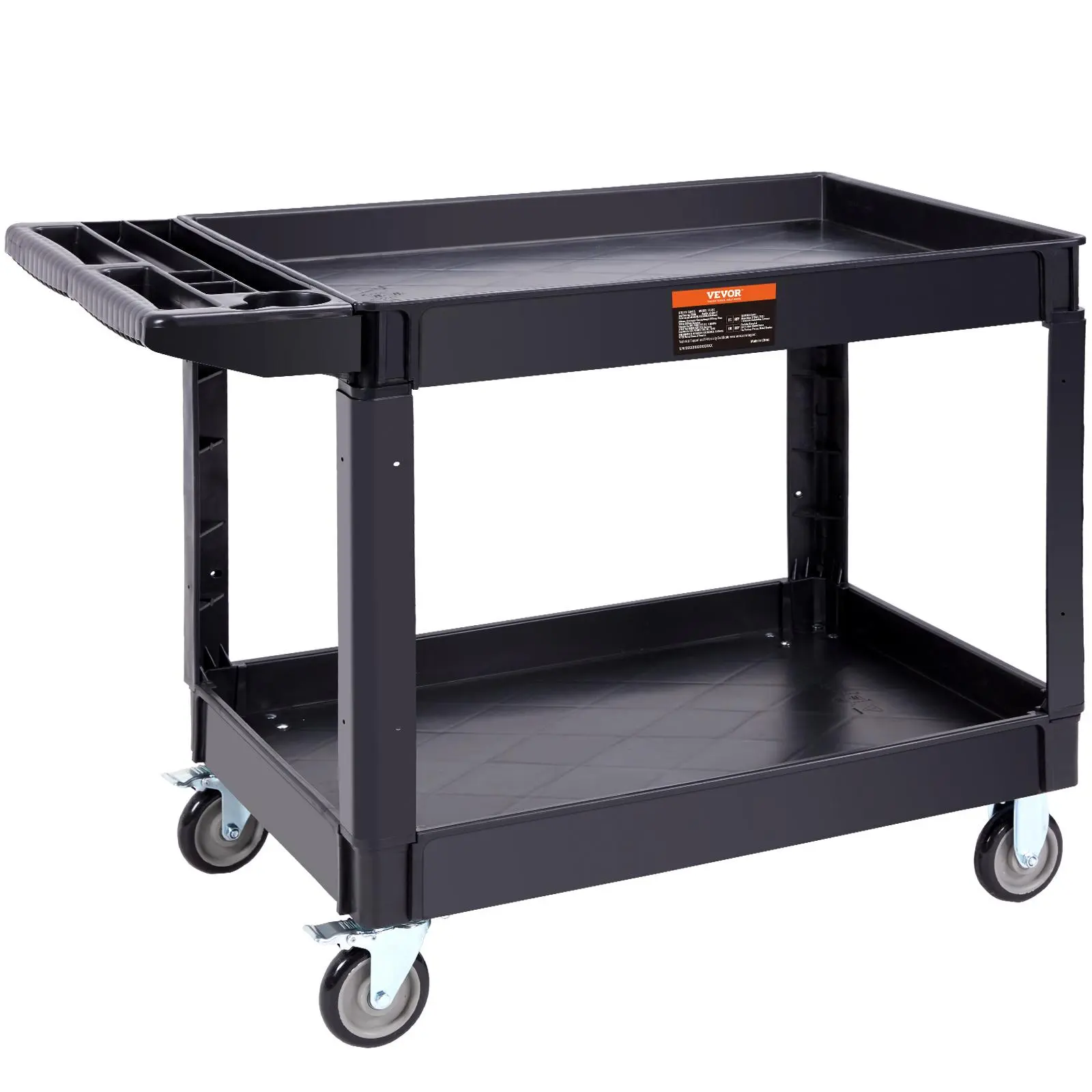 VEVOR Heavy-Duty PVC Plastic Rectangle Utility Cart Racks, 2-Shelf 550LBS Synthetic Rolling Cart with 360° Swivel Casters (2 with Brakes), Large Lipped Shelf, Ergonomic Handle, Silent Operation for Warehouse/Office