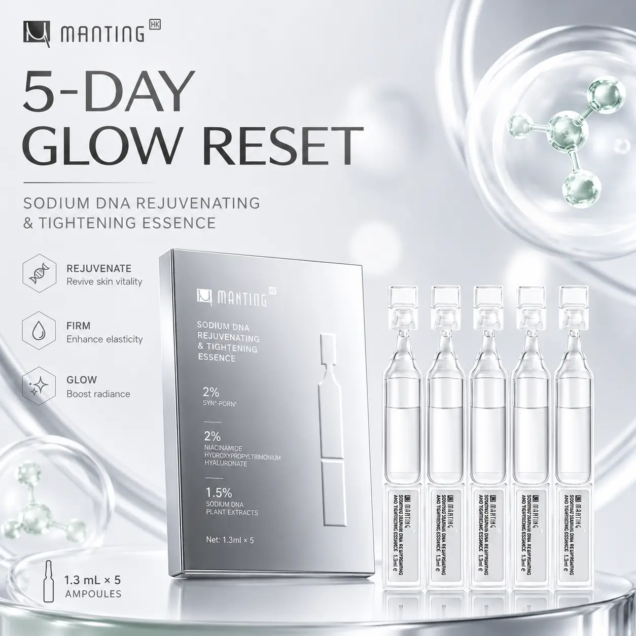 【Deals For you Days】MantingHK Sodium DNA 5-Day Glow Ampoule Trial Kit, 2% PDRN-Inspired Essence Tubes for Tired, Dull-Looking Skin, Hydrating & Smoother-Looking Glow Serum, 1.3ml x 5