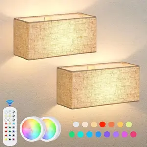 Dimmable LED 4/1 Pack Wall Sconces Battery Operated with Remote Control Magnetic Lamp 15 Color Changeable Fabric Shade Wireless Rechargeable for Bedroom Living Room Hallway Baby Room Study Room Office Hotel
