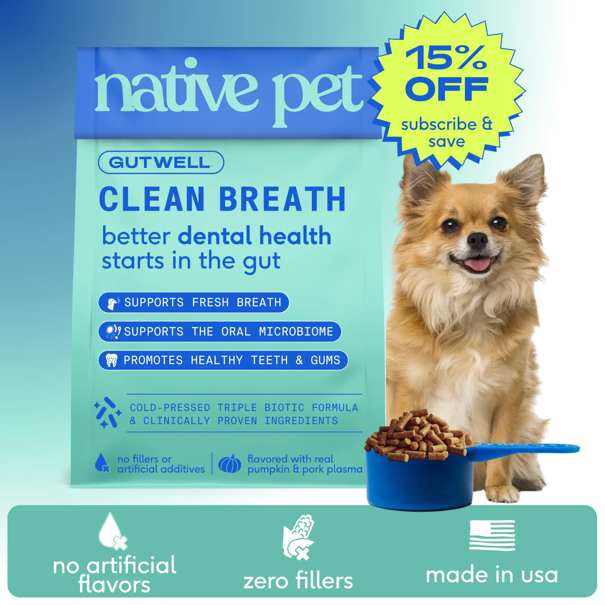 Native Pet GutWell Clean Breath - Dog Breath Freshener & Dog Dental Powder - Teeth Cleaning to Reduce Plaque & Tartar - Promotes Fresh Breath with Targeted Triple-biotic Dental Care Blend