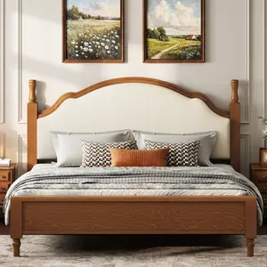 Queen Size Platform Bed with Upholstered Headboard, Mid Century Modern Bed Frame with Wood Slats and Legs Support,No Box Spring Needed, Noise Free, Beige+Brown