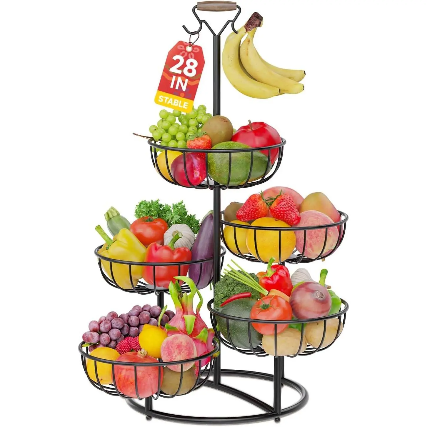 5 Tier Fruit Basket Stand with Banana Hanger for Counter, Vegetable Tiered Shelf for Countertop, Tall Standing Produce Holder for, Onion with Stable Base (Black)