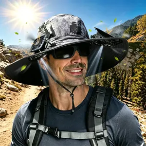 2026 New Wide Brim Solar Power Fan Hat for Adults, Male Outdoor 2-Fans Hat with 3-Speed Adjustment, Waterproof for Fishing, Hiking, Male Gifts