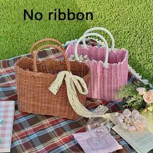 Plastic Woven Handheld Picnic Basket, Handbag Gift Packaging, Ladies Imitation Rattan Bag, Bath Hamper, Portable Handle Design