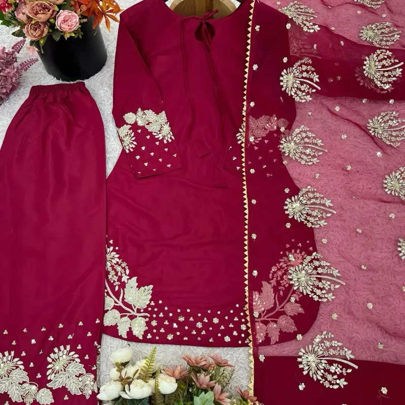 Women's Heavy  Simple Wear Plazo Suit Wedding Punjabi Sui Pakistani Embroidery Work Pure Natural Crep Silk Top Bottom & Dupatta Set