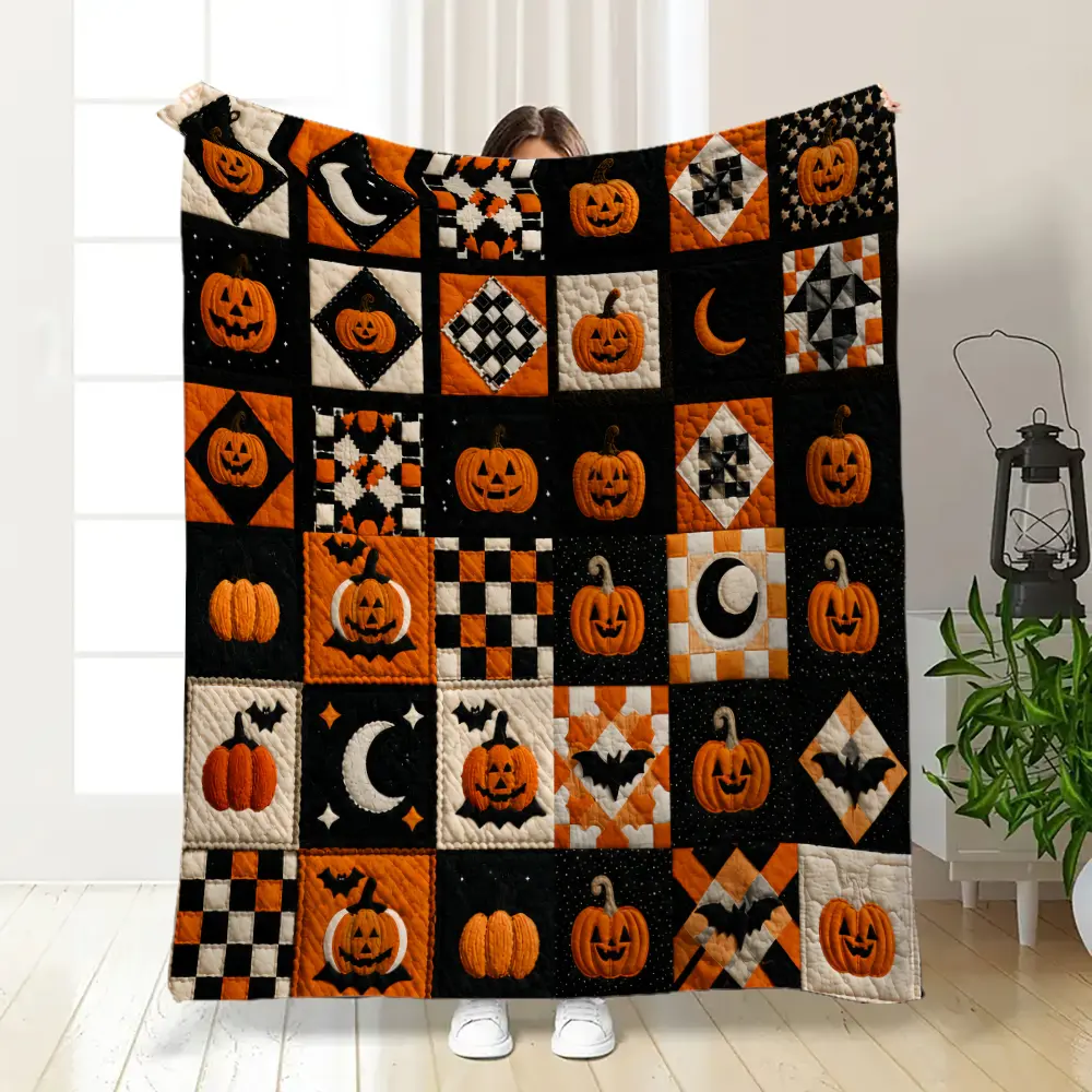 Modern Farmhouse 6x6 in Quilt Patch Halloween Festive Throw Blanket - Soft Touch, Black/Cream/Orange Farmhouse Mix, Jack-o'-Lantern, Crescent Moon, Bat, Buffalo Check, Argyle Flannel Fleece Blend, Kid-Friendly, All-Season Fall Bedroom Decor Gift, Quilted