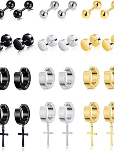 12 Pairs Stainless Steel Small Ring Earrings Set, Hook Earrings, Ruby Embedded Dangle Hinged Earrings, Unisex, Silver Color