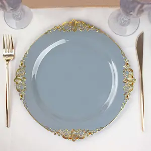 10-Pack 10" Dusty Blue Plastic Round Dinner Plates with Gold Leaf Embossed Rim - Vintage Baroque Style Disposable Party Tableware for Home & Festive Supplies