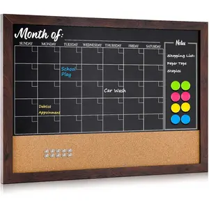 Chalkboard Calendar Corkboard Combo, 2" x 36" Large Bulletin Board  Calendar Chalkboard for Wall Combination Board Monthly Planner Rustic Brown Frame  Markers 8  10 Pushpins