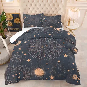 2/3 Piece Set of Sun and Star Printed Comforter Set, Classic Retro Planet Pattern Bedding Set, Making the Whole Room Full of Sci-Fi Feeling, Soft and Skin Friendly, Suitable for All Seasons, 1 Quilt and 1/2 Pillowcase
