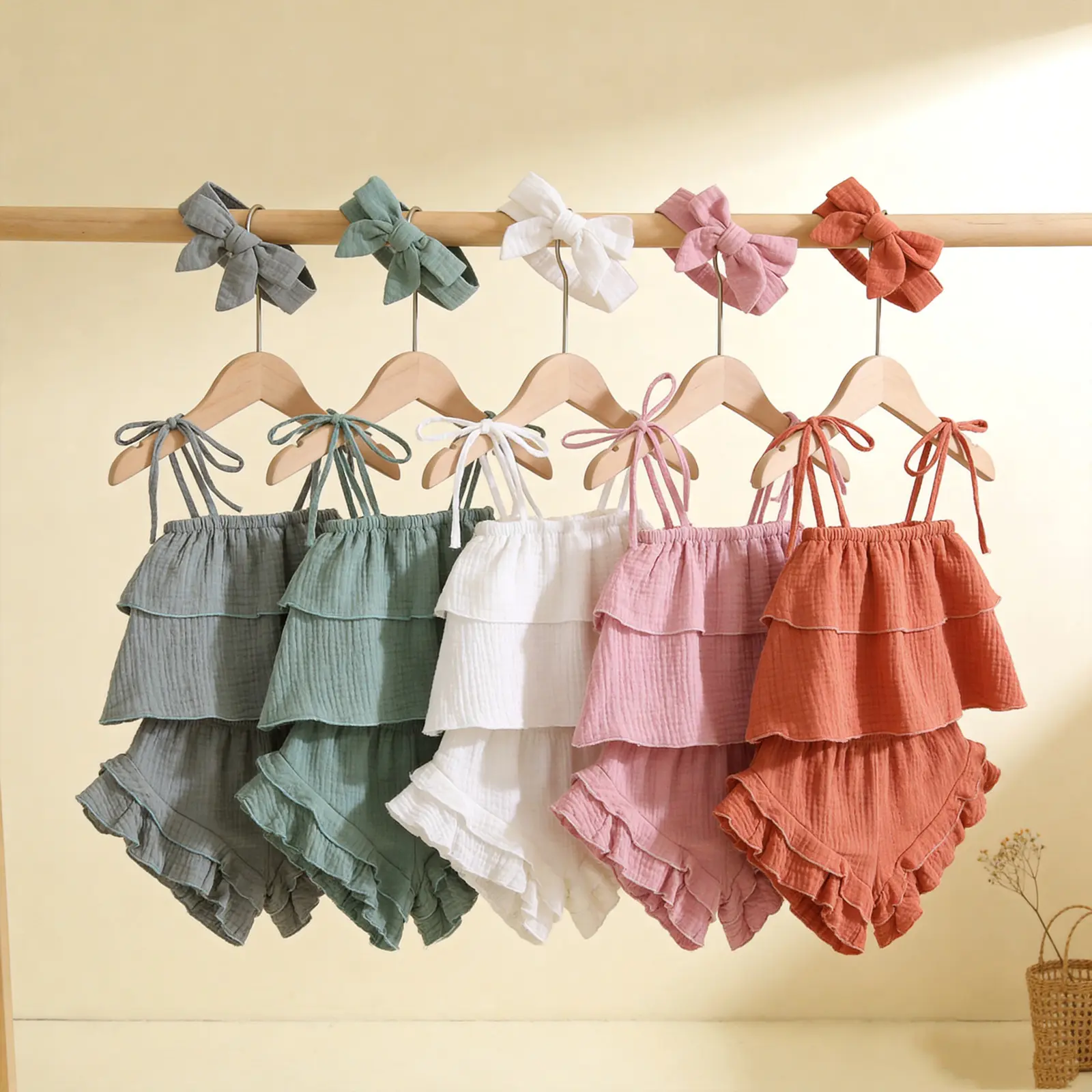 Toddler Girls Clothes Set, Solid Color Sleeveless Boat Neck Cropped Tops + Ruffle Shorts + Bow-knot Headband for Summer