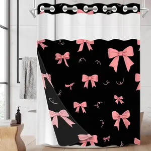 1pc hookless shower curtain with buckle lining, spring black and pink bow pattern design, 2D flat printing, fabric waterproof lining, see-through double shower curtain, 71 x 74 inches, modern home curtain decoration, Bathroom Curtain