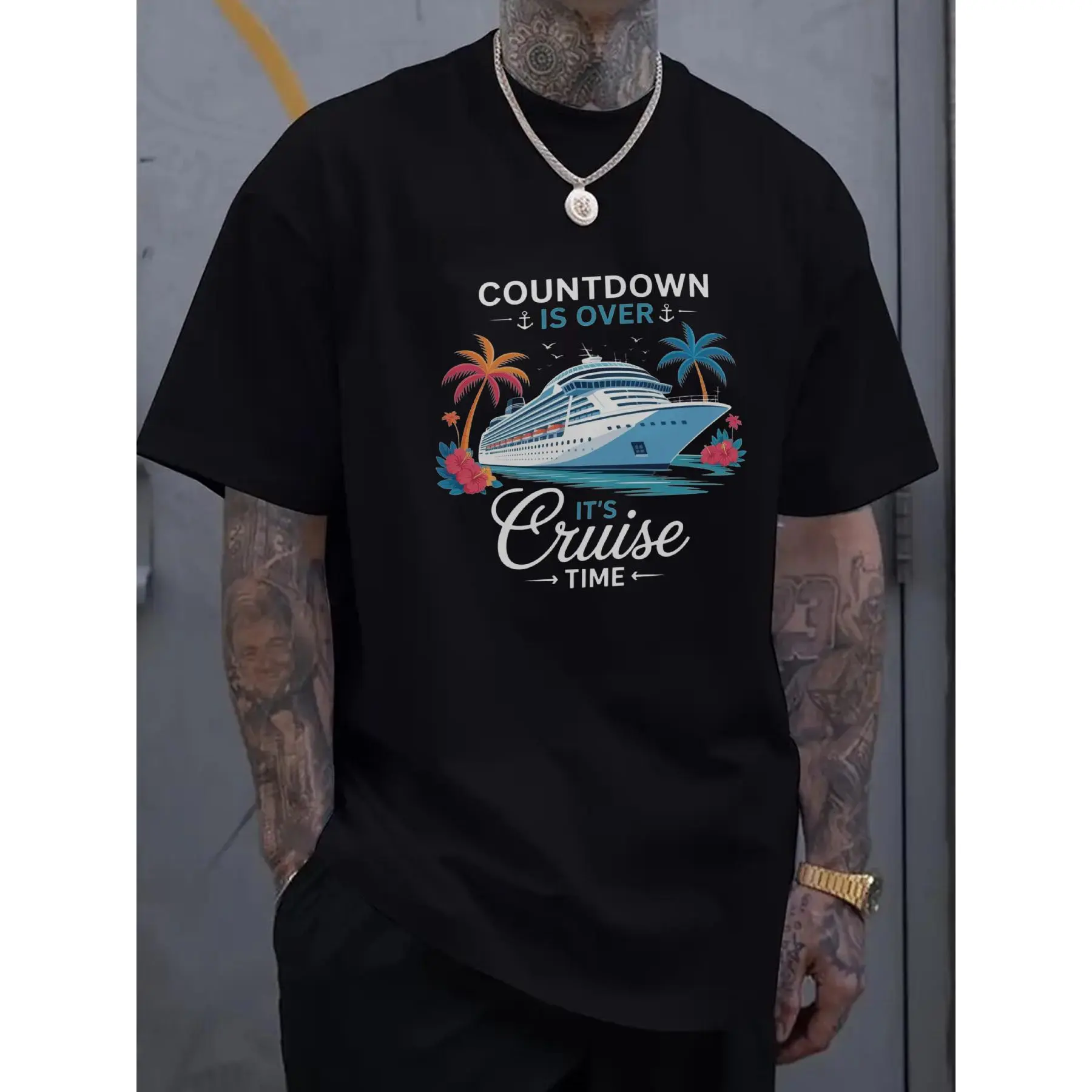 [Graphic Print Cruise Tee] Men's Cruise Time Graphic Print T-Shirt |   Short Sleeve,  Breathable Fabric, Regular Fit, Casual Summer Travel Tee with Countdown Is Over Design, Cruise Ship & Palm Trees for Beach Vacations & Cruise Outfits, Vacation Appar