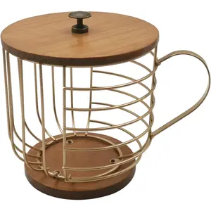 Large Capacity Wire Storage with Wooden Base, Mug Shape Wire Storage Basket with Lid for Home Cafe Bar Countertop Kitchen Decor Storage Accessories Gold