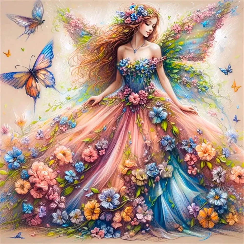 Flower Fairy with Colorful Butterflies, Multiple sizes available including square and round diamonds. This 5D DIY diamond painting set diamond art embroidery kit Diamond Painting Kits handmade furniture decor holiday birthday art personalized gift.
