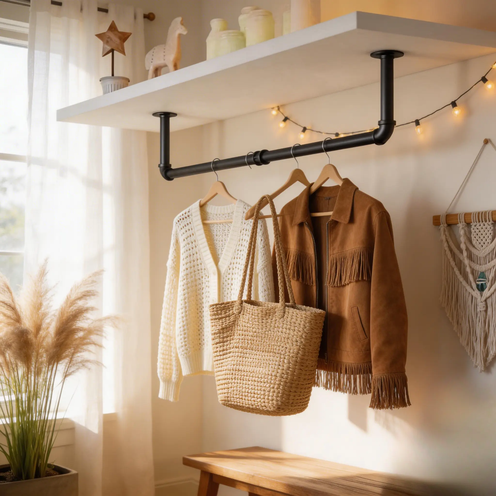 Rustic Black Durable Metal Industrial Pipe Wall-Mounted Clothes Rack with Floating Shelf & Box, 36.00x10.20x3.30in Space-Saving Organiser for Home Balcony, 20-25Kg Capacity Garment Rail